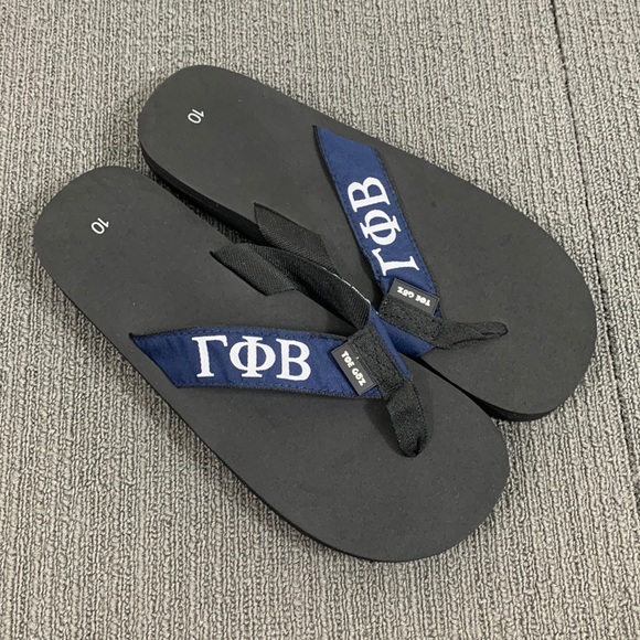Gamma Phi Beta Sorority Flip Flops Womens Size 10 Black Blue Sandals Toe Goz - Picture 1 of 12